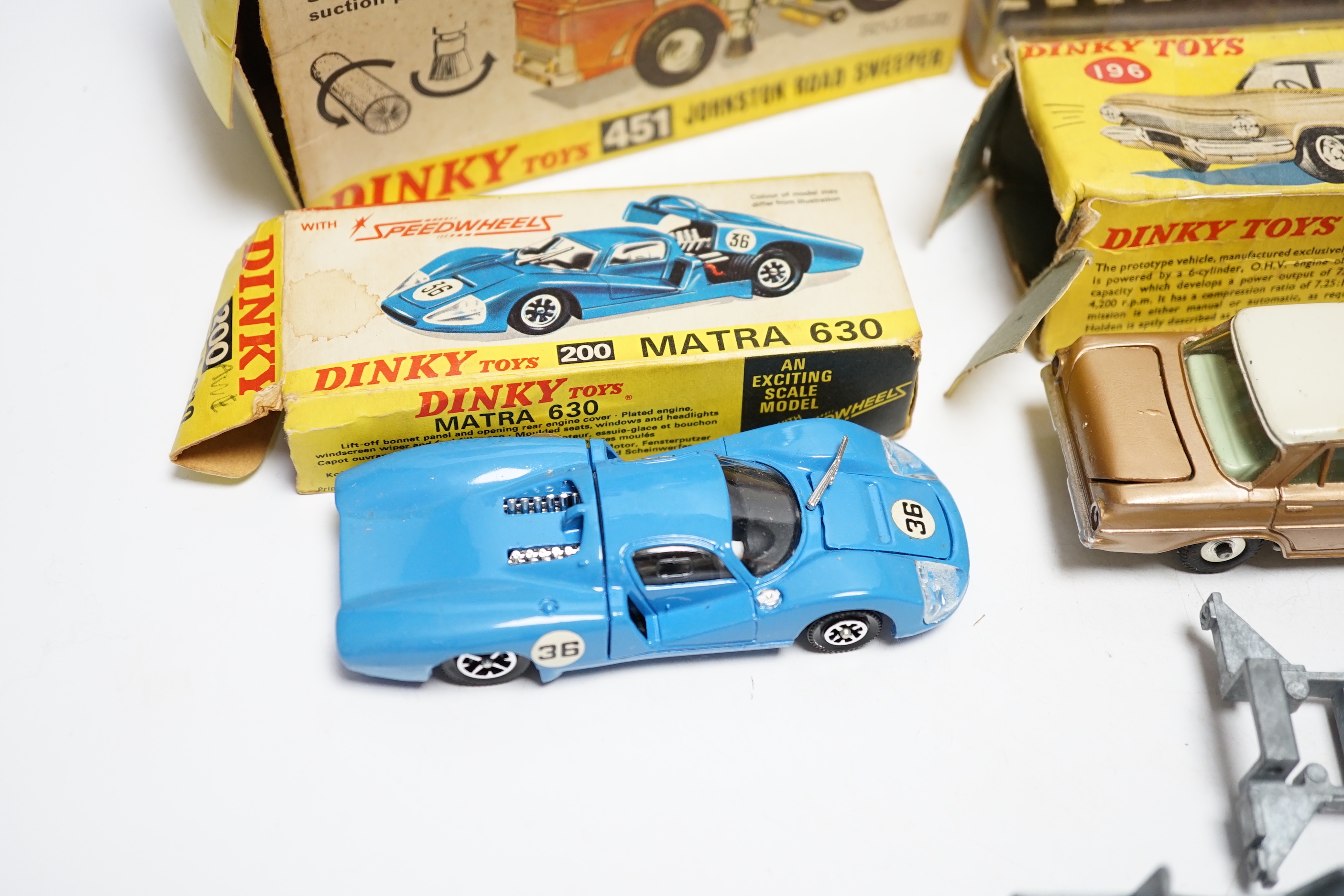 Eight boxed Dinky Toys including two (109) Gabriel Model T Fords, (987) ABC TV Mobile Control Room, (200) Matra 630, (116) Volvo 1800S, (216) Ferrari Dino, (196) Holden Special Sedan, (451) Johnston Road Sweeper, plus an